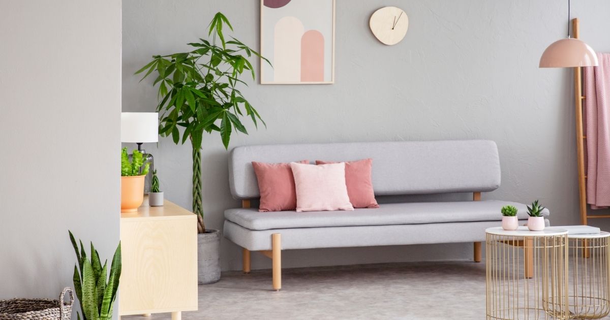 Ένα σαλόνι σπιτιού επιπλωμένο, με τοίχους βαμμένους σε γκρι χρώμα.